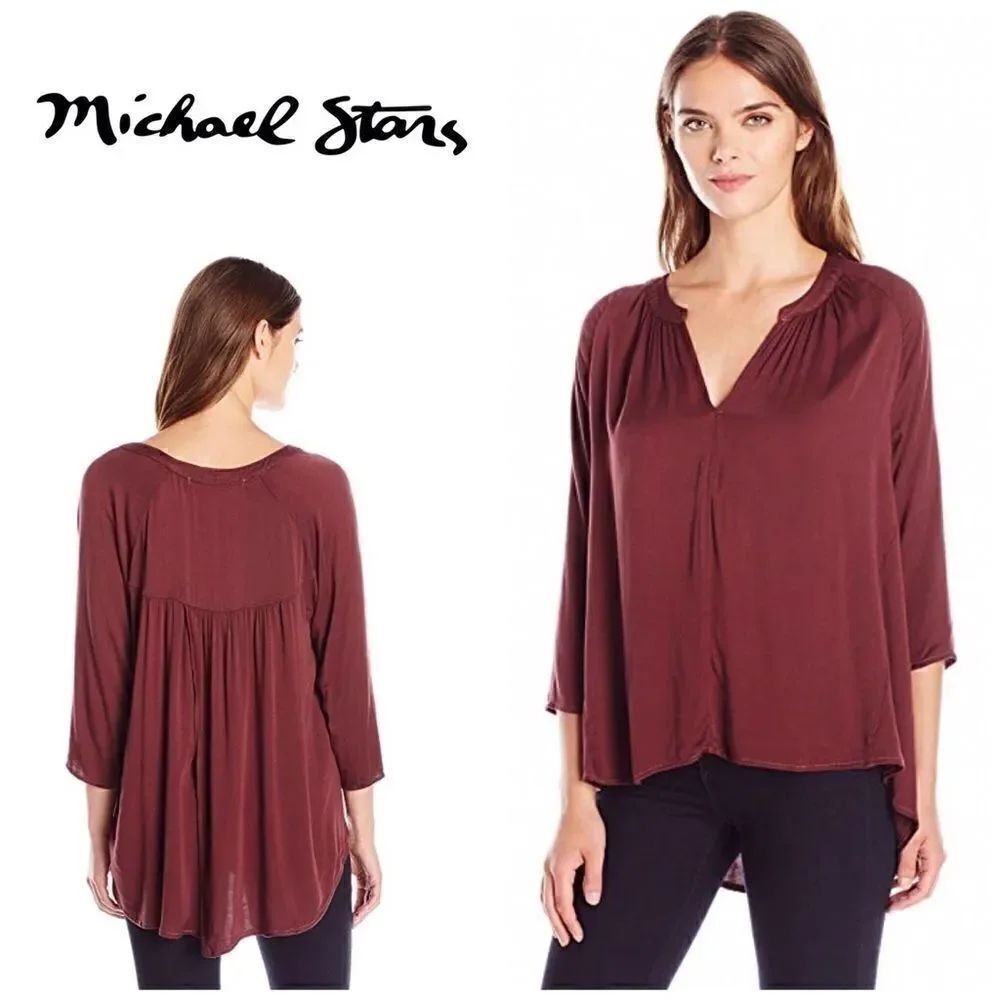 Burgundy Romy Rayon High/Low Cross-Back Top. New